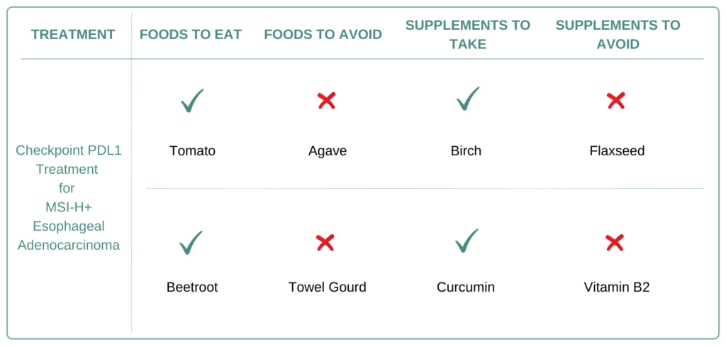 Foods and Supplements to take and avoid for MSI-H+ Esophageal Adenocarcinoma